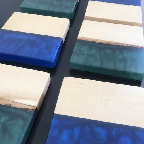 Wood and blue resin ocean coasters